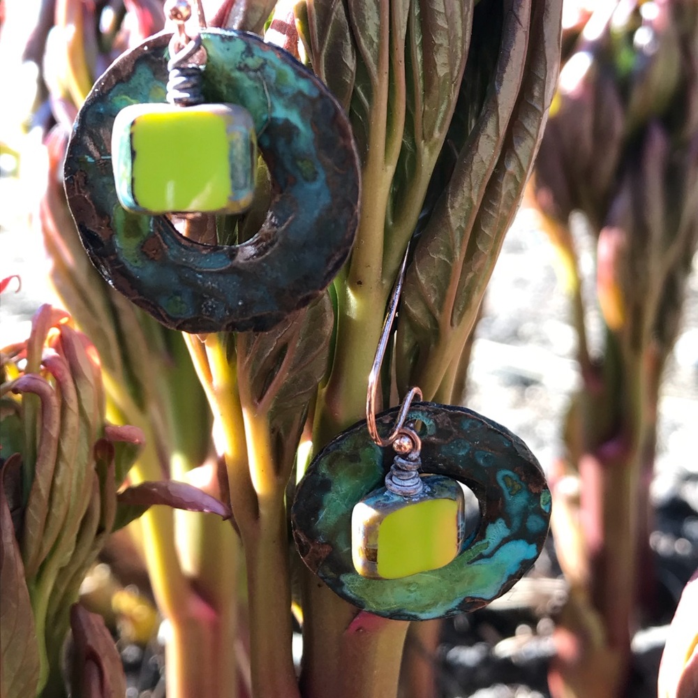 Handmade hammered earrings with Czech glass bead